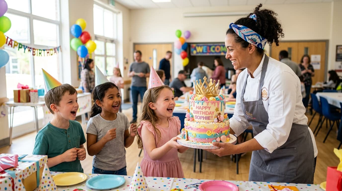 Our team member delivering cake to happy children party